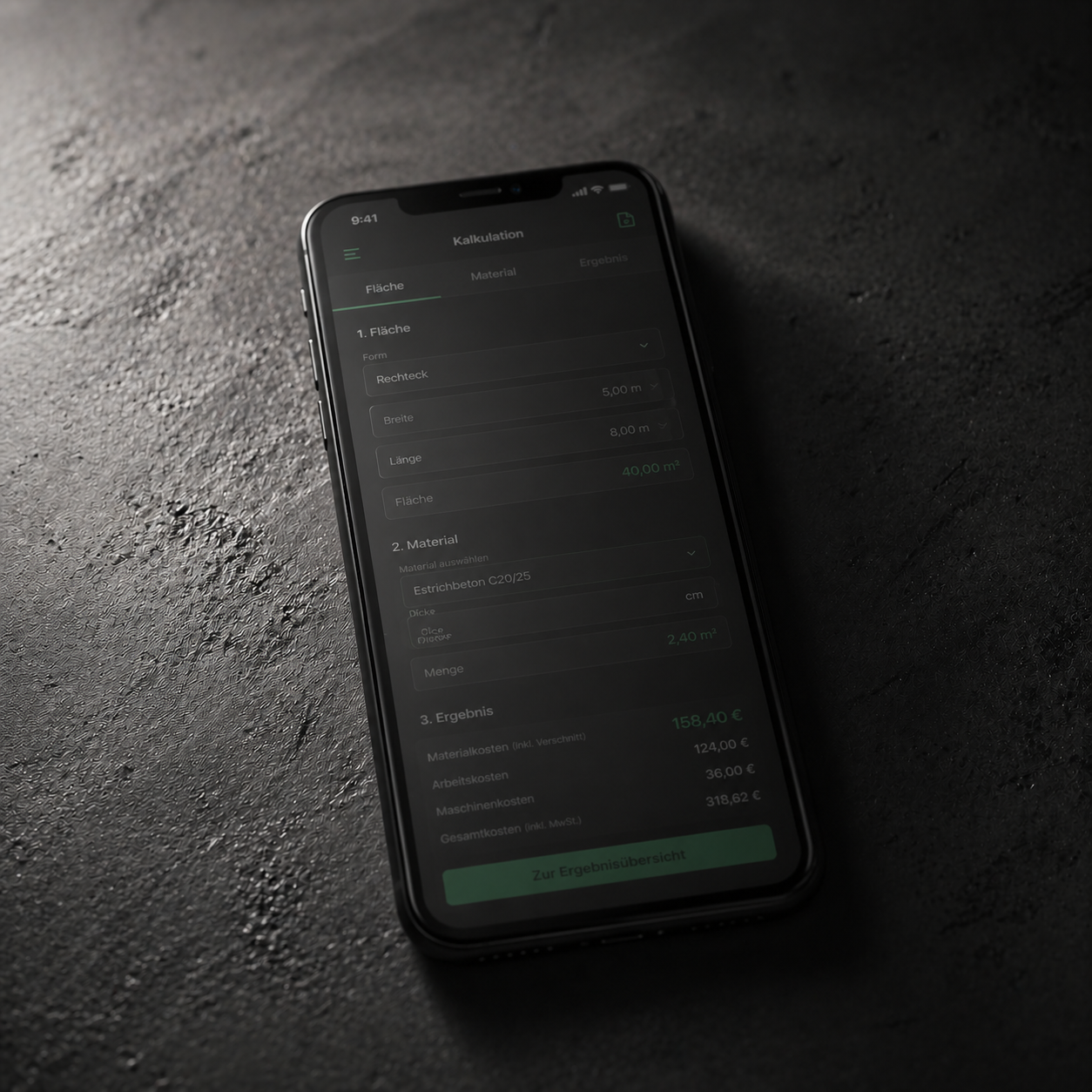 Mockup der Kalkulationsapp – schlankes Tool für den schnellen Einsatz auf der Baustelle